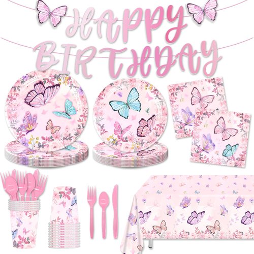 170Pack Butterfly Decorations Disposable Paper Plates Napkins Cups Tablecloth and Banner for Girl Butterfly Decorations, Serve 24 Butterfly Party Decoration