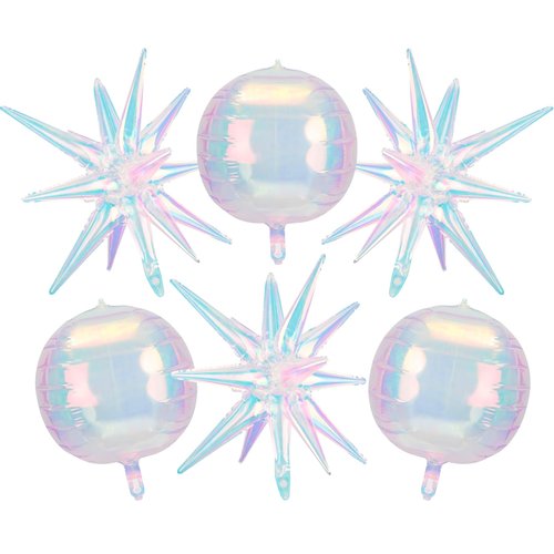 6Pcs 4D Iridescent Sphere Balloons 22 Inch Holographic Balloons for Birthday Party, Rainbow Mermaid Party Decoration Balloon, Summer Holiday Pink Party Balloons for Girls