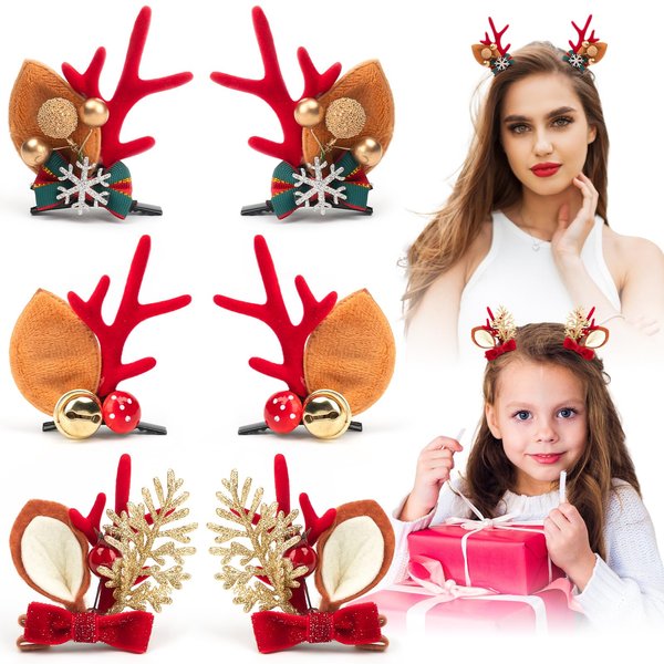 6 PCS Christmas Hair Clips Cute Reiner Antleders Ears Holiday Headpiece Hair Headbands for Women Girls Holiday Hairpins Christmas Outfits Hair Accessory Party Gift