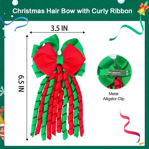 Christmas Hair Bows 6.5 Inch Xmas Curly Ribbon Hair Bow Clips Handmade Grosgrain Cheer Bows Alligator Clip Hairpins Christmas Hair Accessories for Women and Girls, Red & Green