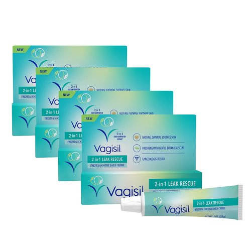 Vagisil 2-in-1 Leak Rescue Intimate Feminine Cream for Women, Gynecologist Tested & Hypoallergenic, 1 oz (Pack of 4)