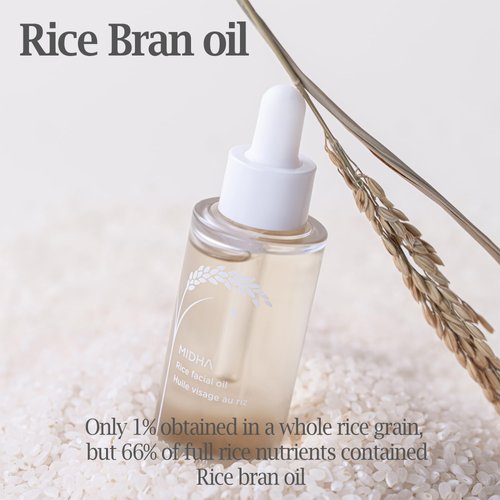 MIDHA Rice Facial Oil 30ml for skin moisturizing, deep, intense and immediate hydration and quick absorption with non greasy light oil like as rice bran oil