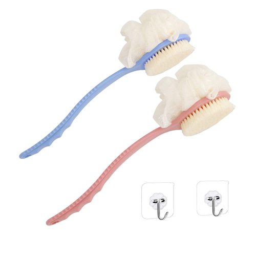 2 Pack Body Brush Back Scrubber for Shower Bath Back Scrubber with Soft Loofah and Bristles Back Scrubber Bath Mesh Sponge with Curved Long Handle Suitable for Wet or Dry, Women and Men (2PACK Set)