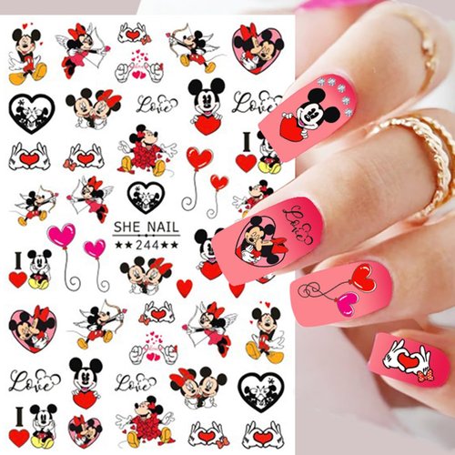 6 Sheets Valentine's Day Nail Art Stickers 3D Cute Cartoon Nail Decals Self Adhesive Love Heart Red Lips Design Nail Stickers Romantic Valentines Nail Decorations Supplies for Women Girls