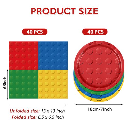 DURYGEN 80PCS Building Blocks Themed Birthday Party Decorations Building Bricks Tableware Party Paper Plates Napkins Building Block Dinnerware Set for Boys, Kid’s Birthday Party Decorations Serve 20