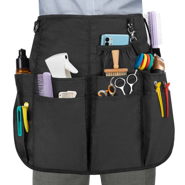 LoDrid Hair Cutting Apron with 9 Pockets and Adjustable Waist Belt, Salon Apron, Hair Stylist Makeup Apron Professional, for Hairdresser, Cosmetology, Barber, Black