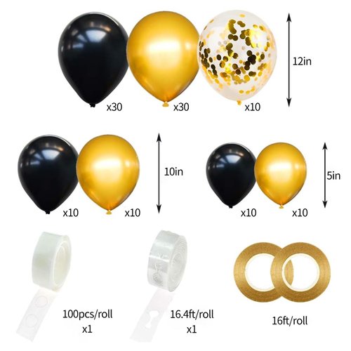 RUBFAC 110pcs Black and Gold Balloons Garland Arch Kit with Black Gold Confetti Balloons for Graduation Birthday Wedding Party Decorations