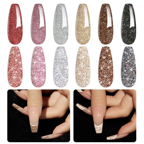 beetles Gel Polish Reflective Glitter Gel Nail Polish Set, 6 Colors Holographic Sparkle Glitter Gel,Flash Diamond Sliver Gold Black Red UV LED Soak Off Manicure Kit Gift for Women Girls