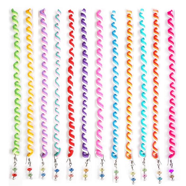 Hisight 12pcs Spiral Hair Rope Women Girl Hair Styling Twister Clip Hair Headwear with Crystal Pendant DIY Braider Tool Beaded Party Favor Hair Design Rainbow Roller Curler. (Trichromatic Mixture)