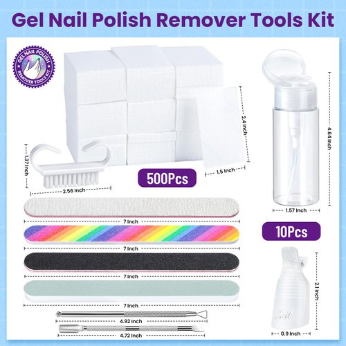 HNYYZL Gel Nail Polish Remover Tools Kit with Plastic Nail Clips, 100ml Nail Polish Remover Bottle, Lint Free Nail Wipes, Nail Brush, Stainless Steel Cuticle Pusher/Peeler, Buffer Block ＆ Nail File