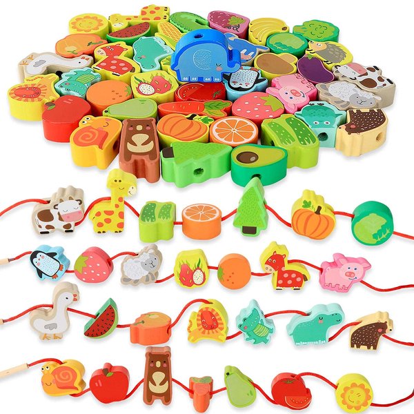 BMTOYS Montessori Educational Threading Toys Wooden Stringing Farm Animals Fruits Lacing Beads Preschool Toy for Toddler 3 4 5 Year Old Boys Girls