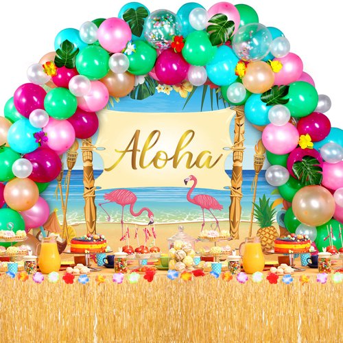 115 Pcs Hawaiian Aloha Party Decorations Set Tropical Hawaiian Luau Supplies Includes Palm Leaves Backdrop Table Skirt Multi-color Balloons Arch Hibiscus Flowers for Tropical Beach Party