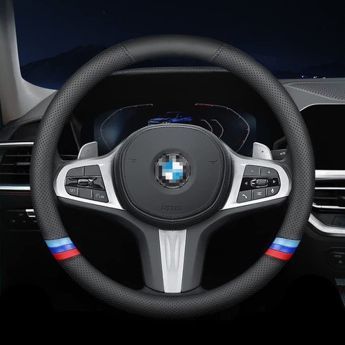 YOUDAXIN New Nappa Leather Car Steering Wheel Cover, Comfortable, Non-Slip, Sport Style Universal 15". Black Blue