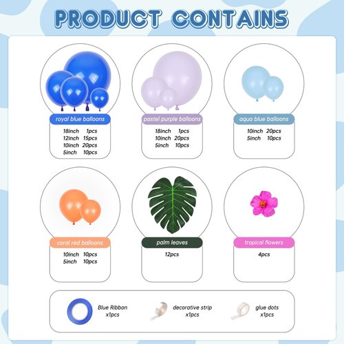 136pcs Purple and Blue Balloon Arch Garland kit, Blue and Light Purple Balloons with Palm Leaves Flowers for Theme Birthday Decorations Baby Shower Hawaii Tropical Party Decorations