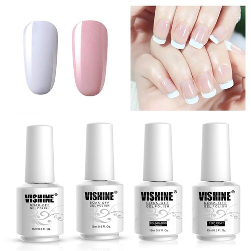Vishine Gel Polish French Manicure Kit Top Base Coat Set Nail Gel Color White Pink Pedicure