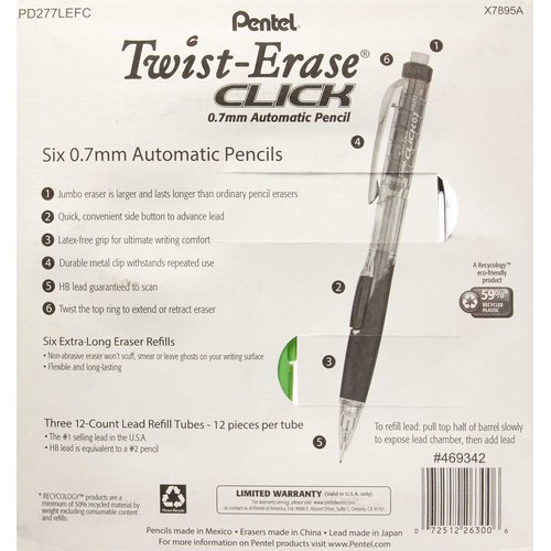 Pentel Twist-Erase Click Mechanical Pencil Set - 6 Mechanical Pencils, 6 Extra Erasers, 3 Tubes of Lead Refills