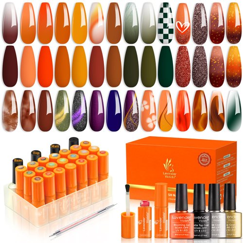 Lavender Violets 27 Pcs Gel Nail Polish Kit Early Spring Earth Colors Red Green Yellow Blossom Effect Cat Eye LED French Nail Polish Set with Base,Blooming & Glossy,Matte Top Coat,Liner Brush C403