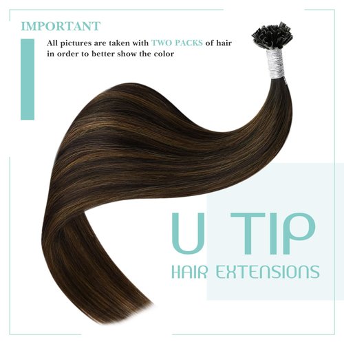 YoungSee U Tip Hair Extensions Human Hair Balayage Darkest Brown with Medium Brown Keratin Hair Extensions Balayage U Tip Human Hair Extension Ombre U Tips Remy Hair Extensions for Women 14In 1G/S 50G
