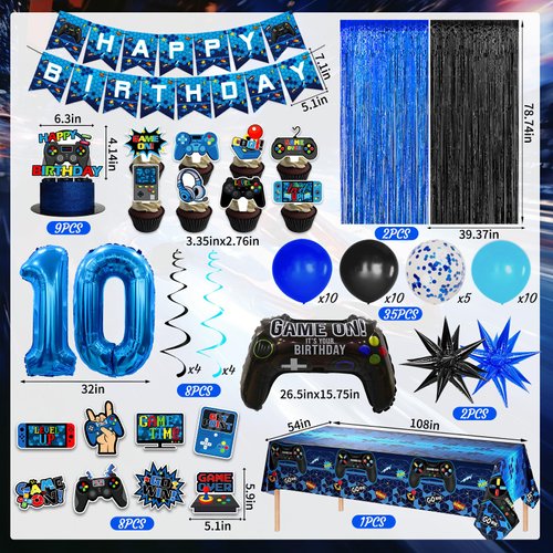 69Pcs Video Game 10th Birthday Party Decorations, Blue Black level 10 Birthday Decorations Banner Hanging Swirls Balloons Garland Arch Foil Curtains Tablecloth for Boys 10th Birthday Decorations