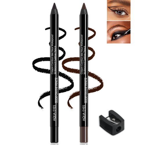 Gel Eyeliner Pencil-Black Brown Waterproof Smudgeproof Matte Gel Eyeliner Waterline Eye Liner Pencil with Sharpener,Fadeproof Tattoo Eyeliner Water Line Pen for Older Women Cat Eye/Smoky Makeup Gift