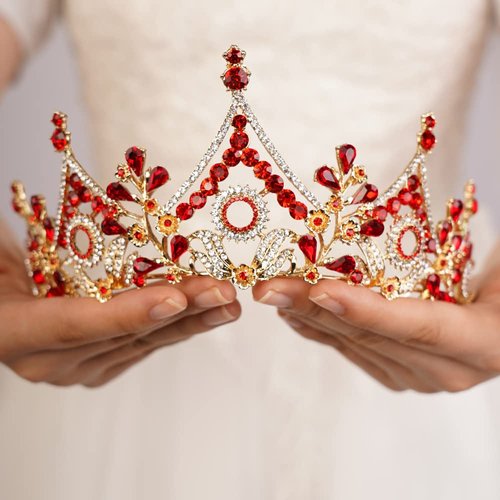 JWICOS Crystal Pearl Tiara for Girls Crown for Women Tiara for Women Elegant Princess Queen Crown Tiara for Halloween Pageant Birthday Pageant Prom Wedding Bridal Tiara for Bride (Red)