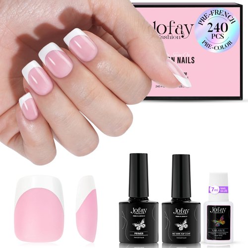 French Gel Nail Tips Kit, Jofay Fashion French Tip Press On Nails, 240Pcs Sping Pink Square Short xcoat Press on Nails, Pre-Base Coat & Pre-made French Tip, Acrylic Fake Nails Glue on Nails for DIY