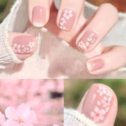 24Pcs Flower Press on Nail Short Pink Flower Fake Nail Stick on Nails with Glue Short Glossy Coffin Flash False Nail with Pink Cherry Blossom Design for Women Full Cover False Nails