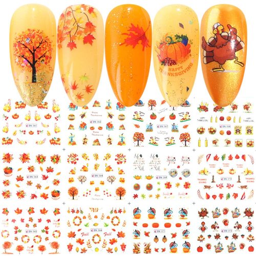 Fall Nail Stickers Halloween Thanksgiving Nail Art Accessories Decals 12 Sheets Maple Leaf Pumpkin Turkey Water Transfer Nail Art Stickers for Women Girls Kids DIY Thanksgiving Day Decorations