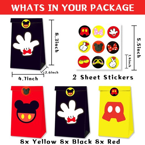 Einponny 24Pcs Mouse Party Bags with Stickers Paper Bags Party Supplies Favors Cookie Chocolate Candy Snack Bags For Birthday Party Decoration Supplies
