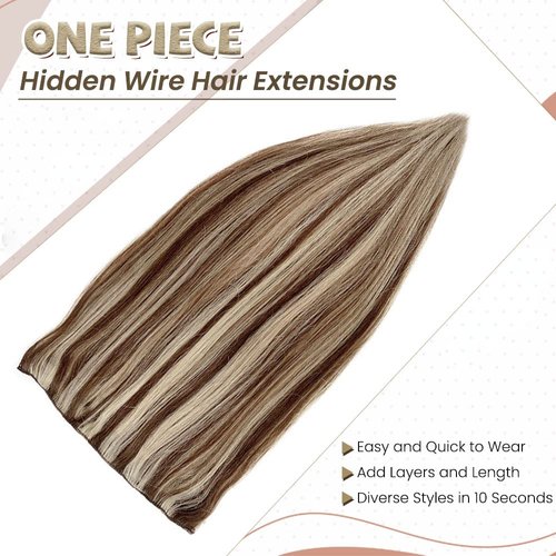 Wire Hair Extensions Chestnut Brown Mixed Platinum Blonde Highlights Real Wire Hair Extensions 20 inch Straight Invisible Wire Hair with Fish Line Natural Hair 100g
