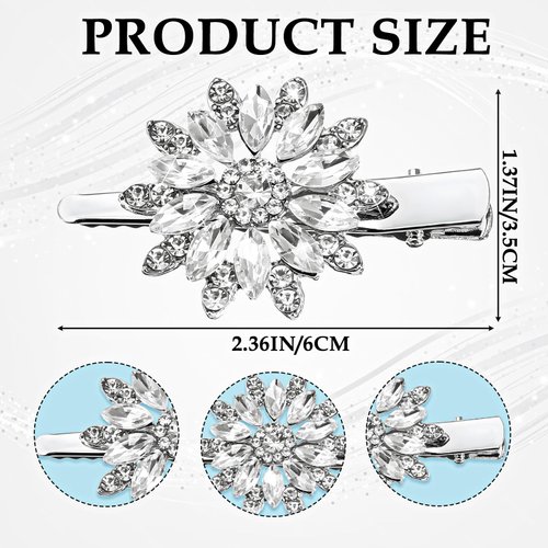 Xinjoduz 2 PCS Crystal Rhinestone Hair Clips, Sparkle Flower Design Alligator Hair Barrettes Non-Slip Floral Duckbill Hairpins Bling Fancy Hair Clips for Women Girls Hair Jewelry Accessories(Silver)