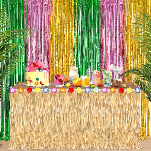 Aodaer Hawaiian Luau Party Decorations Set Luau Grass Table Skirt with 2 Packs Metallic Foil Tinsel Curtains 3.28 x 9.85 ft Rose Gold Green Gold Foil Fringe Backdrop for Hawaiian Tropical Party