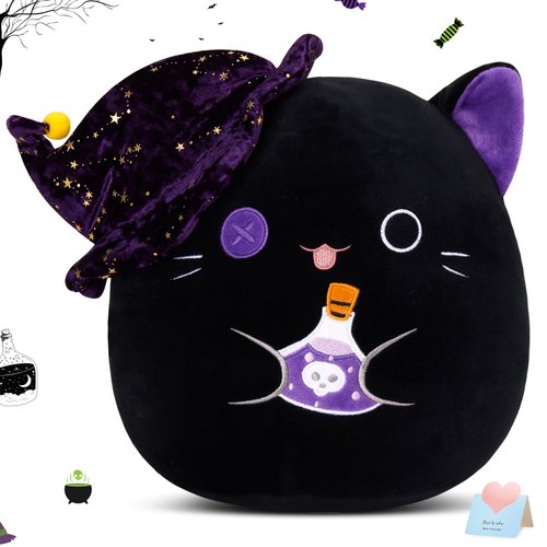 Athoinsu Halloween 2024 Black Witch Cat Plush Pillow Toy Soft Stuffed Animal with Purple Hat, Magic Potion and Cute Eyes for Home Decor Halloween Party Gifts for Toddler Kids Girls and Boys 12"