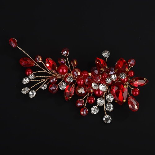 BERYUAN Red Rhinestone Pearls Hair Clips Pearls Rhinestone Hair Clips Rhinesotne Pearls Clips Wedding Bridal Clips Crystal Beads Pearls Wedding Headpiece for Women Girls (red)