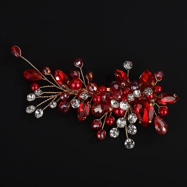 BERYUAN Red Rhinestone Pearls Hair Clips Pearls Rhinestone Hair Clips Rhinesotne Pearls Clips Wedding Bridal Clips Crystal Beads Pearls Wedding Headpiece for Women Girls (red)