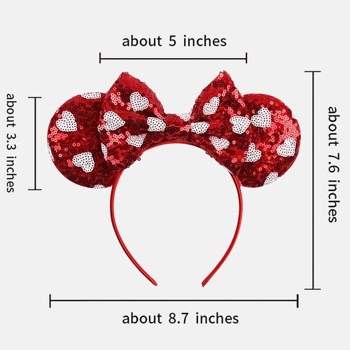 Mouse Ears Headbands Glitter Bow Valentines Day Headband Red Sequin Hair Band with Heart Patterns, Mouse Ears Hair Hoop Party Hair Accessories for Girls Women New Year Wedding Birthday Gift 1PCS