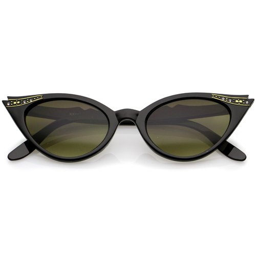 zeroUV 50s Vintage Cat Eye Sunglasses for Women UV400 Embellished with Rhinestones, Pinup Girl and Rockabilly Accessories, Fashionable Retro Jeweled Glasses 50mm (Black)