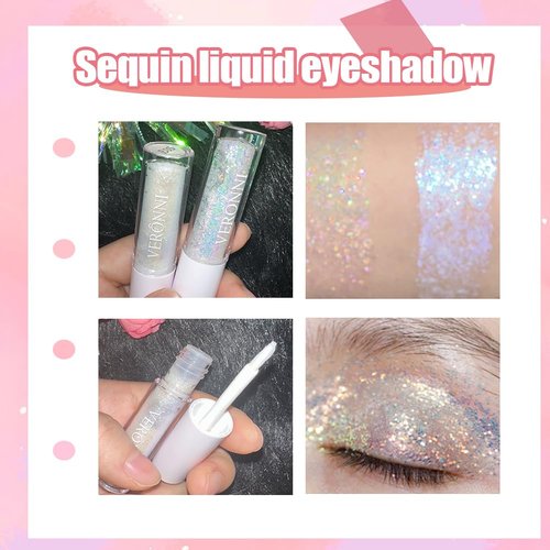 CHARMFORYOU Liquid Glitter Eyeshadow Gel Holographic & Silver Glitter Eye Shadow Makeup Set 2 pcs Shimmer Liquid Eyeshadow Waterproof Long Lasting Shiny Body Glitter Shadow for Women Girls(#01#03)