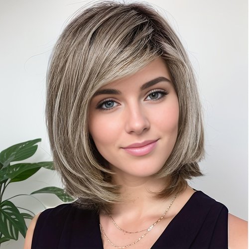 RENERSHOW Short Ombre Grey Wigs for Women Layered Chin length Gray Bob Wig Mid-length Straight Hair Wig Natural Looking Synthetic Wig