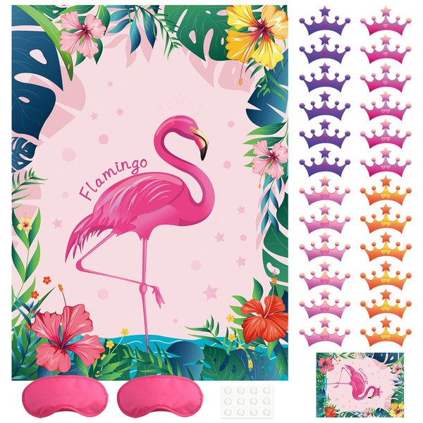 NEBURORA Pin The Crown on The Flamingo Party Game with 24 Crowns Stickers for Kids Flamingo Theme Party and Birthday Hawaiian Luau Party Supplies