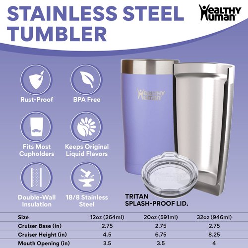 Healthy Human Stainless Steel Tumbler with Straw & Lid | Splash Proof Insulated Travel Cup | Eco-Friendly Coffee Tumblers | Water Cups with Straws Cleaner and Splash Proof Lids (32oz, Lilac)