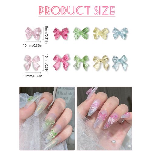 100 Pcs Bow Nail Charms, CYHYII 3D Clear Jelly Mix Color Resin Bow Nail Art Gems Accessories for Women Girls Nail Decorations DIY Craft Jewelry (2 Styles)