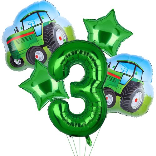 5Pcs Tractor Balloons, Green Tractor Birthday Number Mylar Foil Balloon Farm Theme 3rd Birthday Party Supplies Decor (3rd)