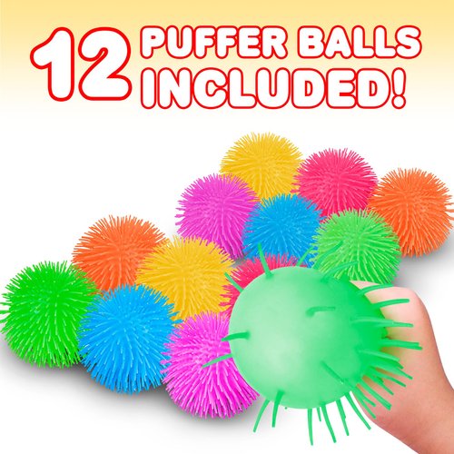 ArtCreativity Puffer Balls - Pack of 12 - Spiky, Soft and Squeeze Stress Relief Balls for Kids and Adults - Calming Sensory Balls for Autistic Children, Birthday Party Favors for Boys and Girls