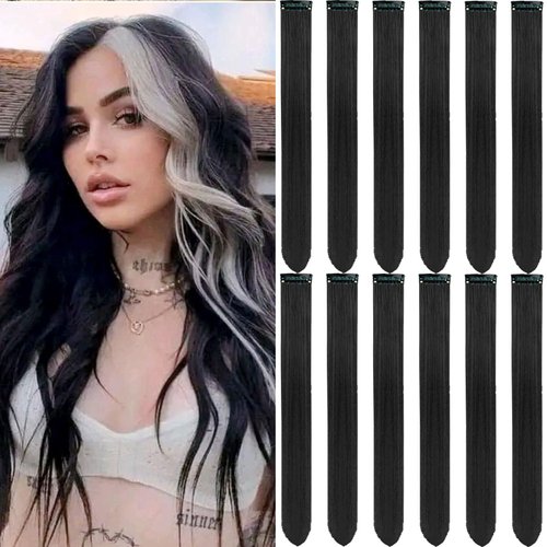 Olldag 12 PCS Black Hair Extensions Clip in, 20 Inch Colored Hair Extensions Party Highlights Long Straight Synthetic Hairpieces for Women Kids Girls