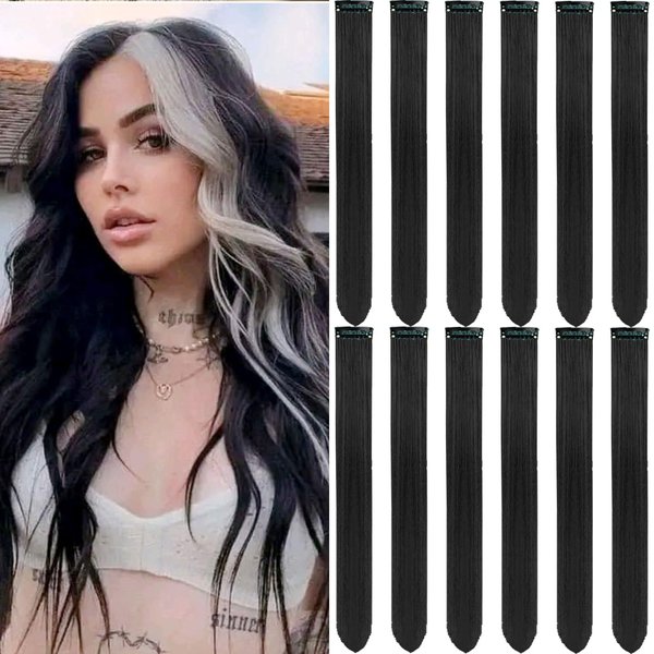 Olldag 12 PCS Black Hair Extensions Clip in, 20 Inch Colored Hair Extensions Party Highlights Long Straight Synthetic Hairpieces for Women Kids Girls