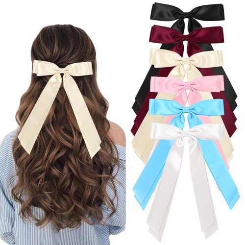 6PCS Hair Ribbons Bow Clips for Women Silky Satin Hair Bow Clips for Hair Long Bow Hair Barrettes Metal Clips Double Layered Ribbon French Bowknot Clips for Girls Adults Teens