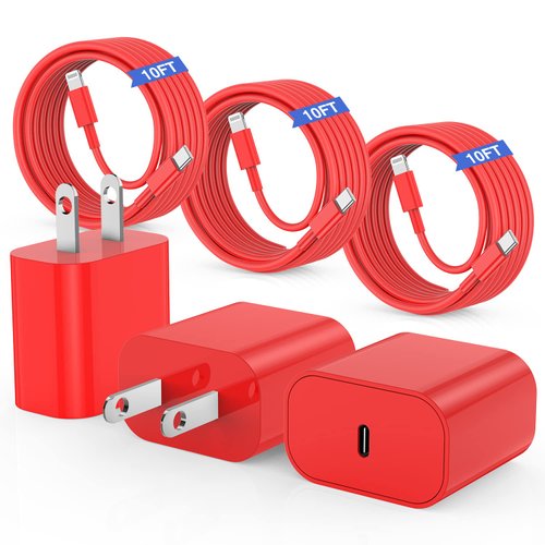 10ft iPhone Charger Fast Charging, for iPhone 14 13 12 Fast Charger,20W USB C Wall Charger with Type C to Lightning Cord, iPhone Fast Charging Cable for iPhone 13/14/12 Pro Max Plus/11,iPad-3PCS-Red