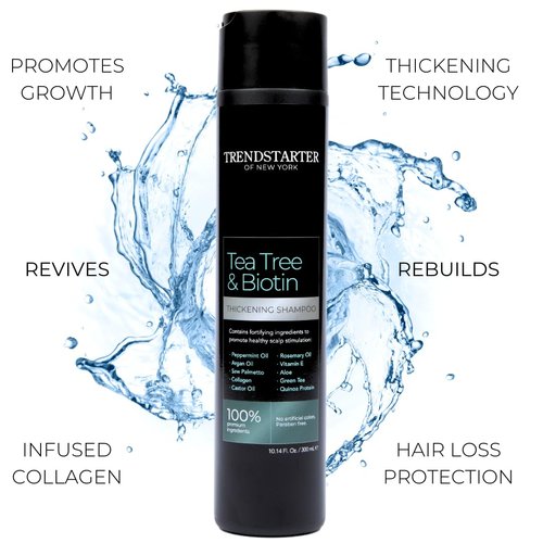 TRENDSTARTER - TEA TREE & BIOTIN THICKENING SHAMPOO (10.14Fl.Oz) - Argan Oil, Peppermint Oil, Collagen, Quinoa, Aloe, Rosemary, Green Tea, and Saw Palmetto (DHT Blocker) - Invigorating and Nourishing