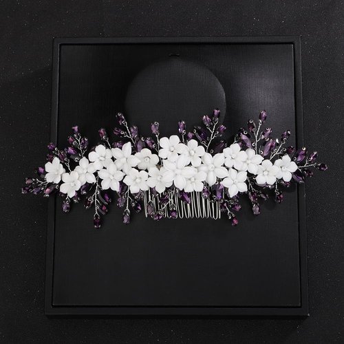 Teyglen Bride Wedding Hair Comb Bridal Flower Crystal Hair Pieces Handmade Purple Rhinestone Hair Comb Headband Floral Flower Headpieces for Wedding Hair Accessories for Bride Women Girls (Purple)